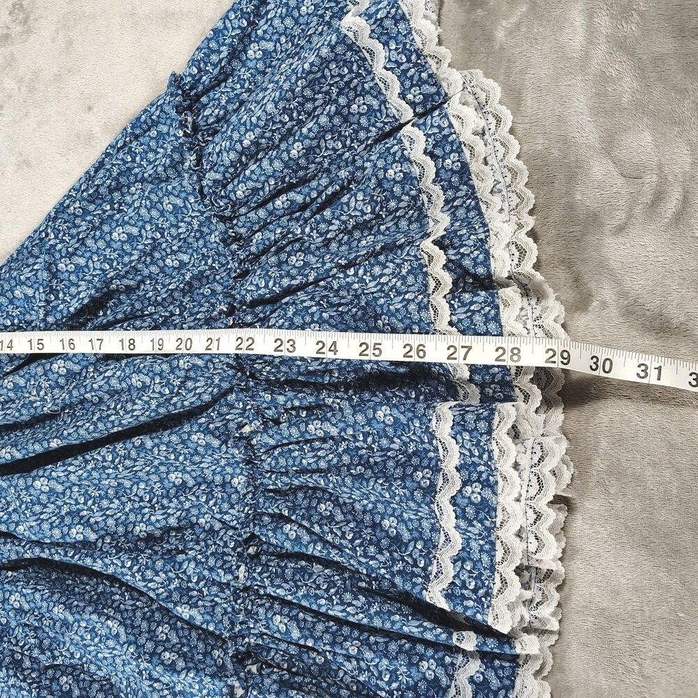 Vtg Mini World Prairie Dress Size 8 Blue Ditsy Floral Ruffle Lace Cottage Utah - Picture 10 of 11